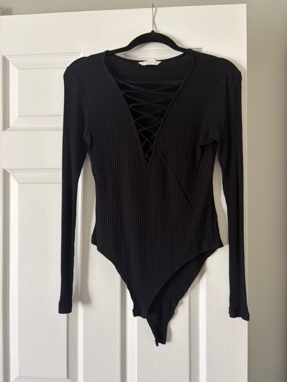 H&M Black Ribbed Lace-Up Long Sleeve Bodysuit